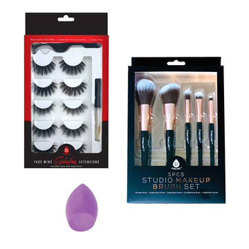 Ensemble Glam Essentials : faux cils 3D effet vison, éponge à maquillage et ensemble de pinceaux