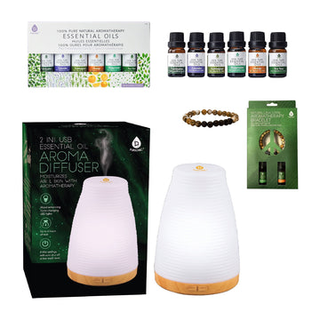 Essential Oils Wellness Bundle – Includes Lava Stone Bracelet, 2-in-1 USB Diffuser, and 6-Pack of 100% Pure Aromatherapy Oils