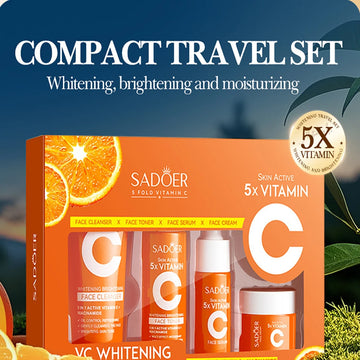 Kit de voyage de soins de la peau hydratants à la vitamine C en cinq pièces comprenant nettoyant, tonique, essence et crème pour le visage, produits de soin portables