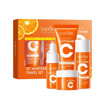 Kit de voyage de soins de la peau hydratants à la vitamine C en cinq pièces comprenant nettoyant, tonique, essence et crème pour le visage, produits de soin portables