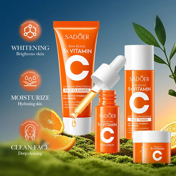 Kit de voyage de soins de la peau hydratants à la vitamine C en cinq pièces comprenant nettoyant, tonique, essence et crème pour le visage, produits de soin portables
